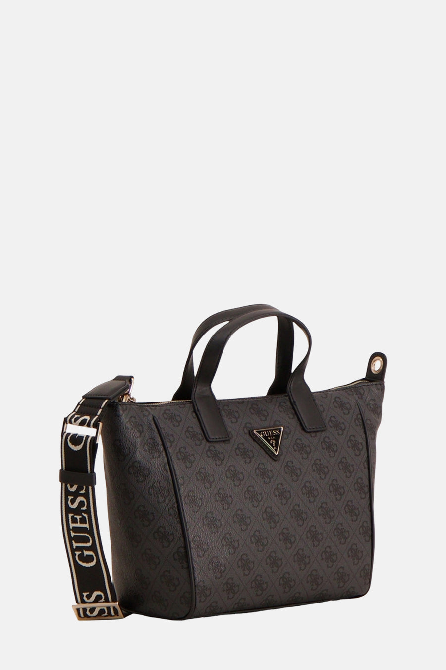 Zwarte Guess handtas met schouderriem met merklogo, bedrukt patroon.