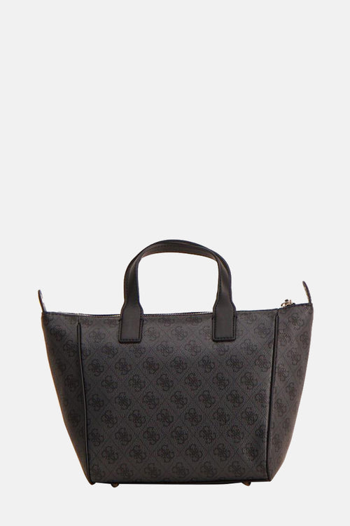 Sac à main noir de Guess, avec un motif de logo répété et des poignées courtes.
