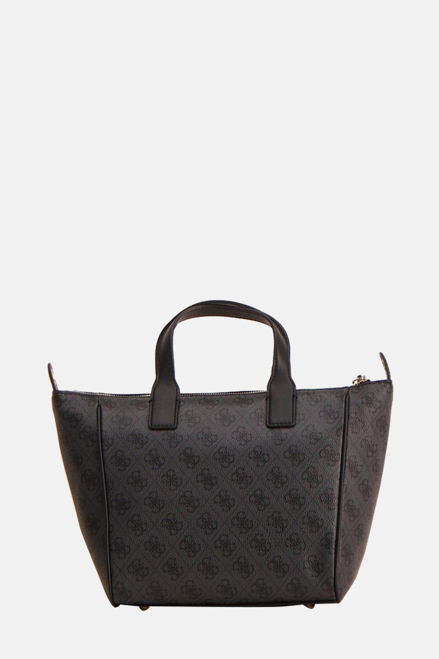 Sac à main noir de Guess, avec un motif de logo répété et des poignées courtes.
