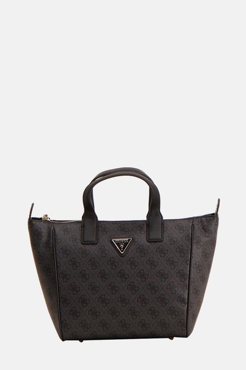 Zwarte Guess handtas met herhaald logo-patroon en stevige handvatten.