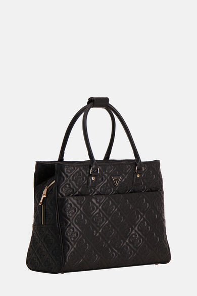 Zwarte Guess tas met ruitpatroon en gouden driehoekig logo.