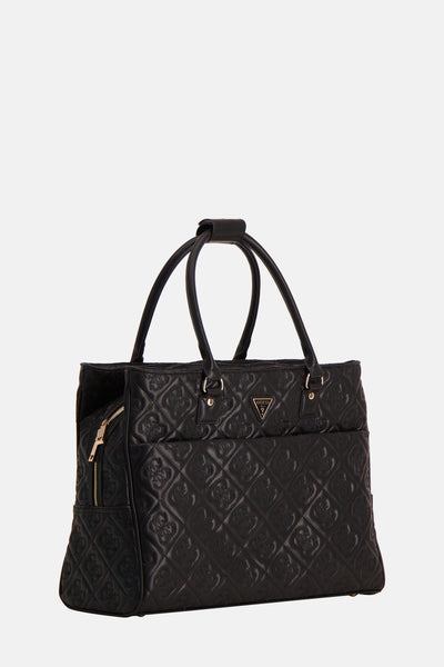 Zwarte Guess tas met ruitpatroon en gouden driehoekig logo.