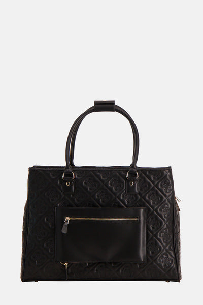 Zwarte Guess tas met ruitpatroon en gouden details.