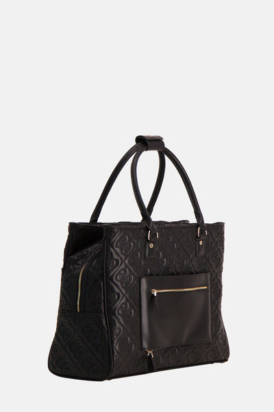 Zwarte Guess tas met ruitpatroon en gouden ritssluiting.