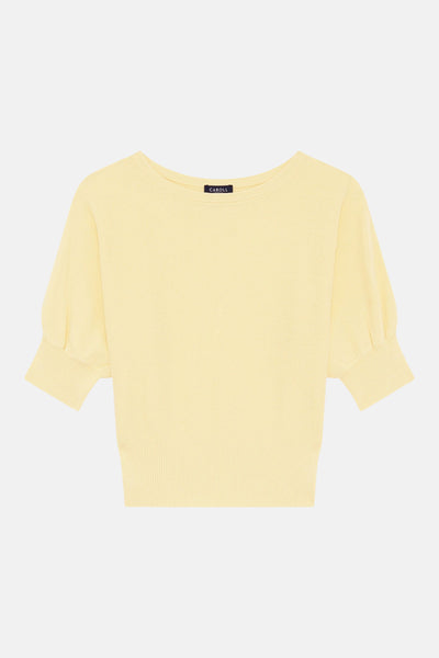 Pull jaune col rond de CAROLL à manches courtes bouffantes et ourlets côtelés.