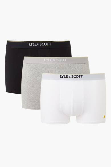 Zwarte, grijze en witte boxershorts van Lyle & Scott, met contrasterende elastische tailleband en geborduurd logo.