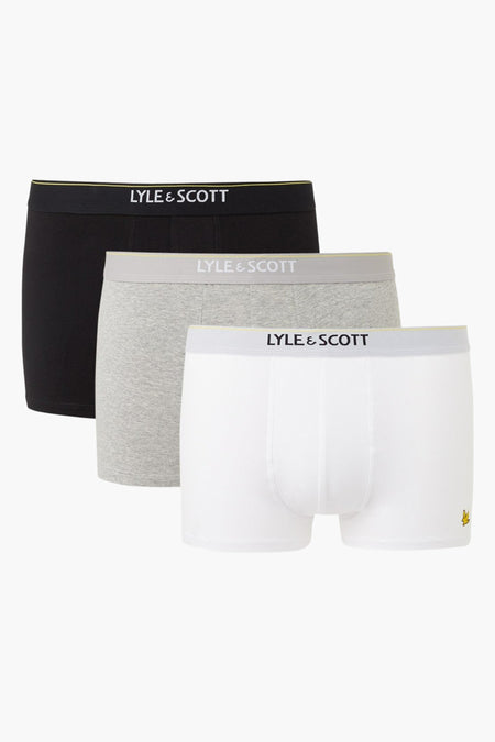 Zwarte, grijze en witte boxershorts van Lyle & Scott, met contrasterende elastische tailleband en geborduurd logo.