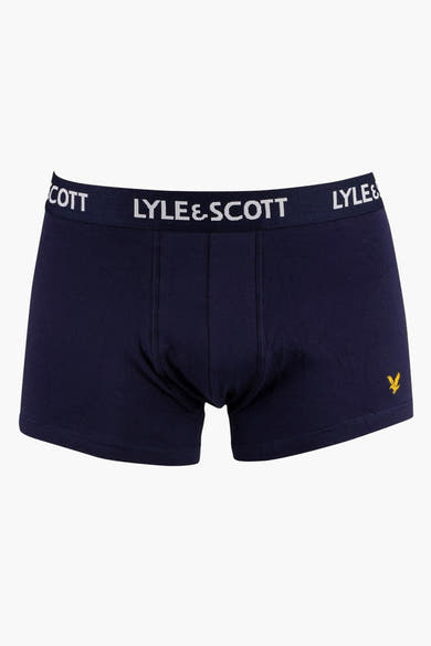 Boxer bleu par LYLE & SCOTT avec logo jaune brodé sur le côté.