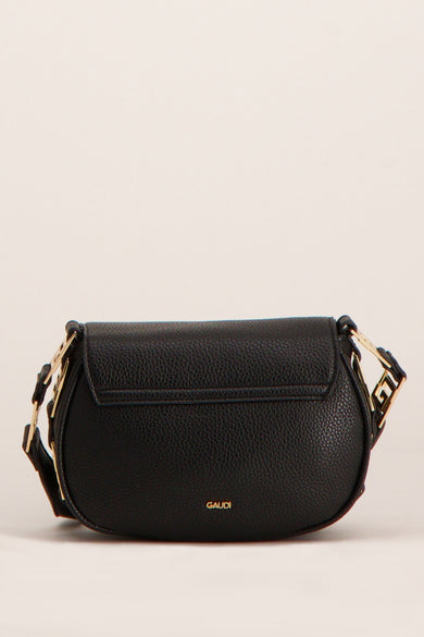Sac à bandoulière noir de Gaudi, avec une bandoulière à motif géométrique doré et une texture grainée.
