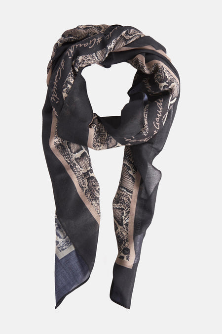 Foulard noir par Gaudi Jeans, avec imprimé serpent, logo et motifs graphiques sur fond noir.