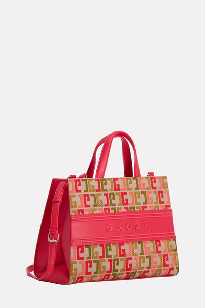 Sac à main rose Gaudi Jeans avec motif à lettres multicolores et bandoulière réglable.
