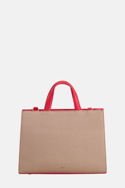 Sac à main beige en tissu, de Gaudi Jeans, avec des anses et finitions rouges.
