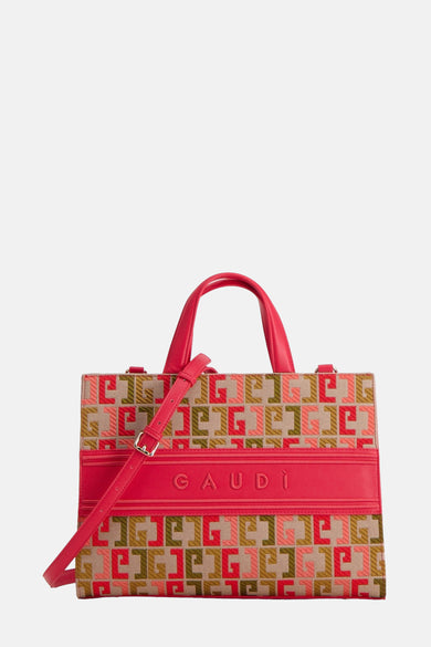Sac à main rose Gaudi Jeans avec motif monogramme tissé et bandoulière assortie.