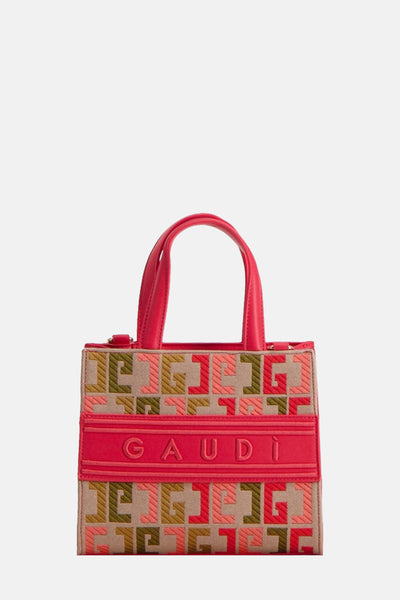Roze schoudertas van Gaudi Jeans met veelkleurig geometrisch patroon en reliëfdetails.