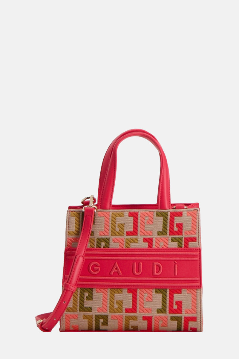 Roze schoudertas Gaudi Jeans, met meerkleurig logo-patroon en verstelbare schouderriem.