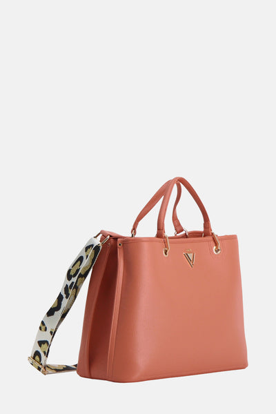 Sac à main orange de Gaudi Jeans avec une bandoulière à motif léopard et une texture grainée.