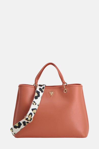Sac à main orange de Gaudi Jeans avec bandoulière à motif léopard noir et doré.