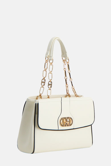 Beige schoudertas van Gaudi Jeans met decoratieve gouden ketting en zwarte bies.