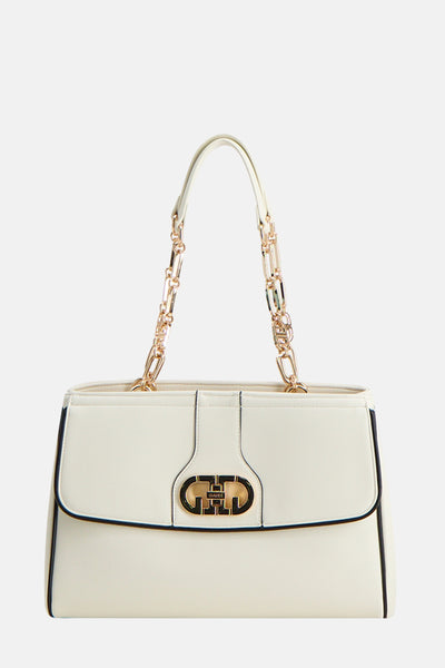 Beige schoudertas van Gaudi Jeans met gouden kettingriem en zwarte details.