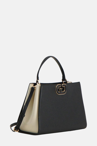 Sac à main noir bicolore de Gaudi Jeans, avec une poignée supérieure et logo doré distinctif.
