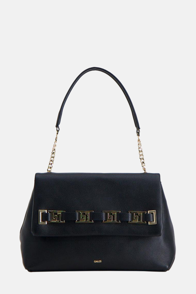 Sac à bandoulière noir en cuir synthétique de Gaudi Jeans, avec fermoir ornementé et bandoulière chaîne dorée.