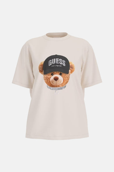 Ecru T-shirt met korte mouwen van Guess met een teddybeerprint met een pet.