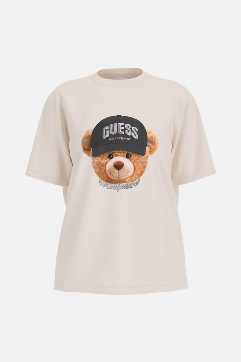 Ecru T-shirt met korte mouwen van Guess met een teddybeerprint met een pet.