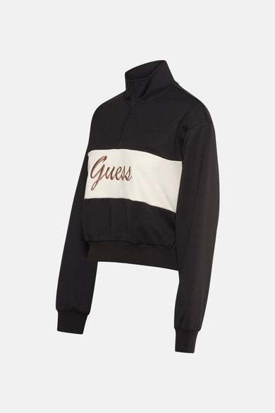 Zwarte Guess-sweatshirt met rits, beige geborduurde logoband, opstaande kraag.