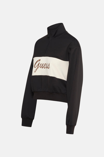 Zwarte Guess-sweatshirt met rits, beige geborduurde logoband, opstaande kraag.
