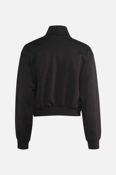 Zwarte Guess-sweatshirt met opstaande kraag en geribde boorden aan de manchetten en taille, achterzijde.