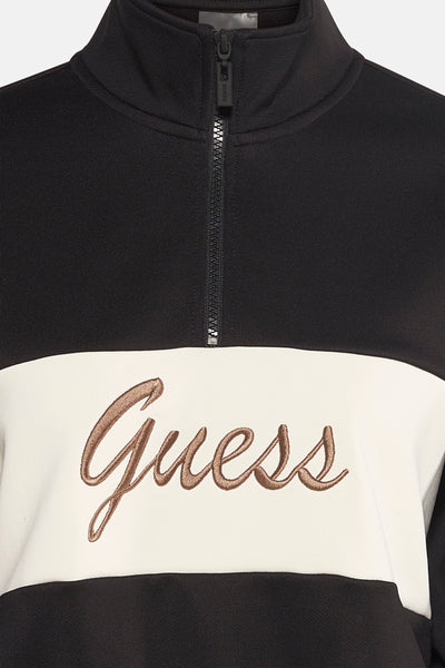 Sweat noir zippé par Guess, avec logo brodé couleur camel sur fond blanc.