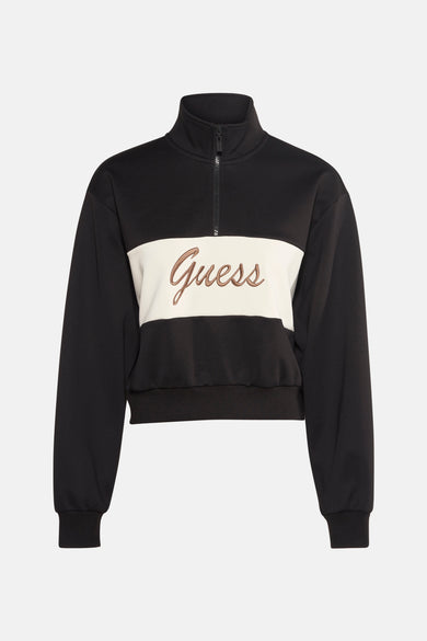 Zwarte trui met opstaande kraag van Guess met crèmekleurig inzetstuk en geborduurd logo.