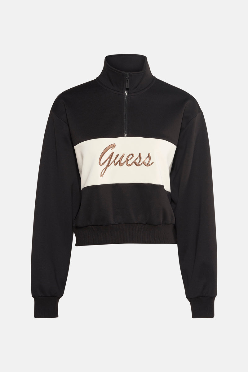 Zwarte trui met opstaande kraag van Guess met crèmekleurig inzetstuk en geborduurd logo.