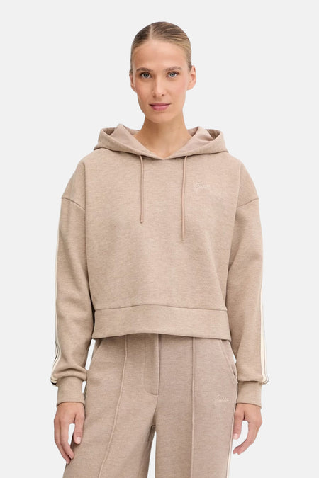 Beige hoodie van Guess, met decoratieve strepen op de mouwen en trekkoord.