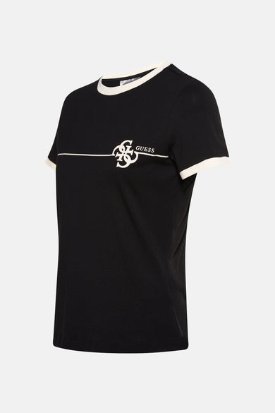 T-shirt noir à manches courtes de Guess, avec logo blanc et rayure horizontale.