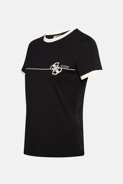 T-shirt noir à manches courtes de Guess, avec logo blanc et rayure horizontale.