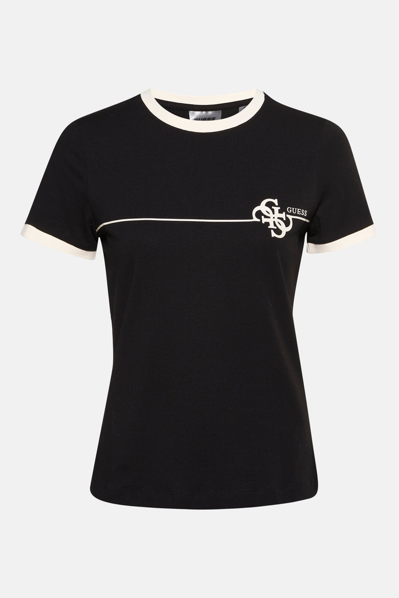 T-shirt noir à manches courtes de Guess avec logo imprimé sur la poitrine et bords côtelés contrastés.