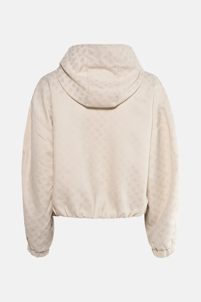Veste courte écru de Guess, à capuche et motif ton sur ton sur l'ensemble.