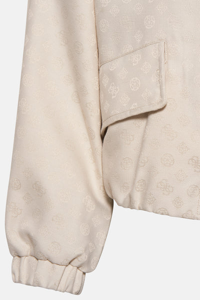 Veste courte écru de Guess, avec un motif ton sur ton et une poche poitrine plaquée.
