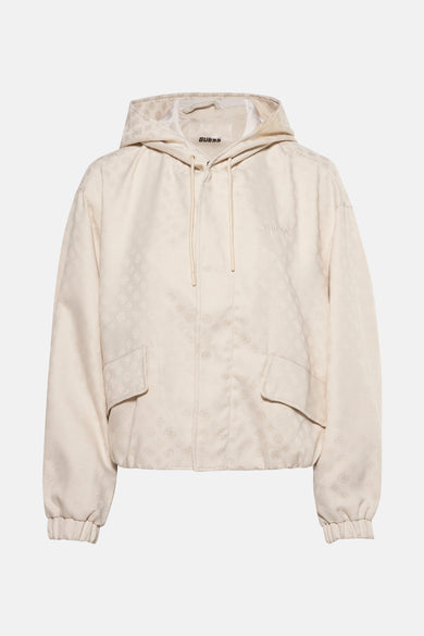Veste courte écru de Guess avec capuche et motif monogramme ton sur ton.