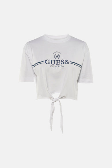 T-shirt à manches courtes blanc de Guess, avec logo bleu marine et détail noué sur le devant.