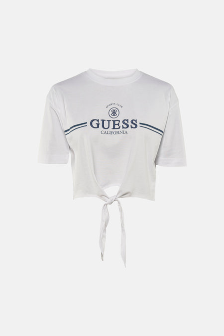 T-shirt à manches courtes blanc de Guess, avec logo bleu marine et détail noué sur le devant.