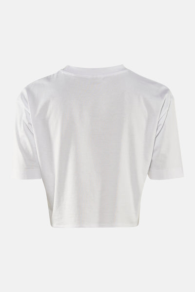 T-shirt blanc à manches courtes de Guess, vu de dos, sur un fond neutre.