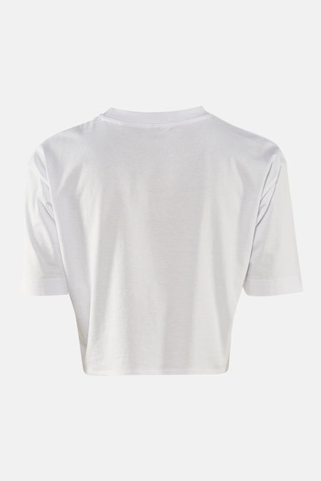 T-shirt blanc à manches courtes de Guess, vu de dos, sur un fond neutre.