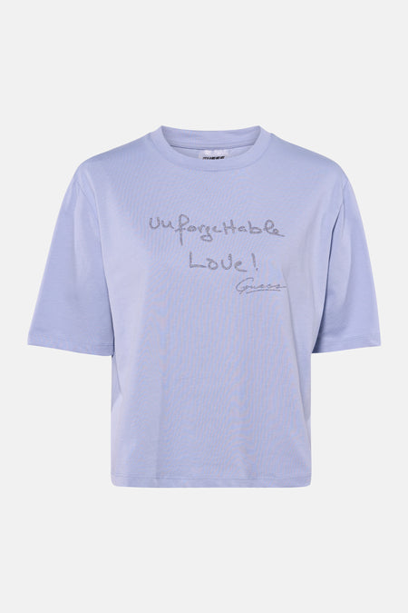 Blauw T-shirt met korte mouwen van Guess, effen, op een witte achtergrond.