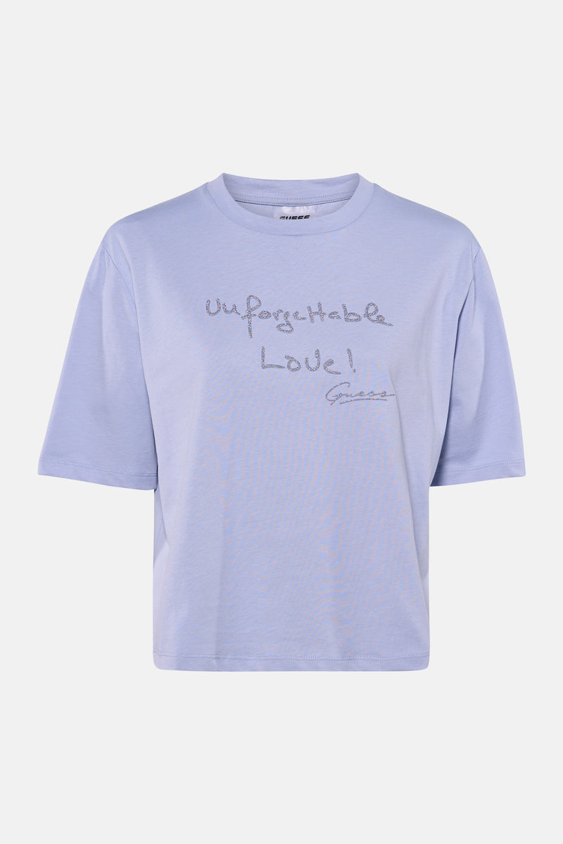 T-shirt bleu à manches courtes de Guess agrémenté d'un lettrage pailleté "Unforgettable Love!".