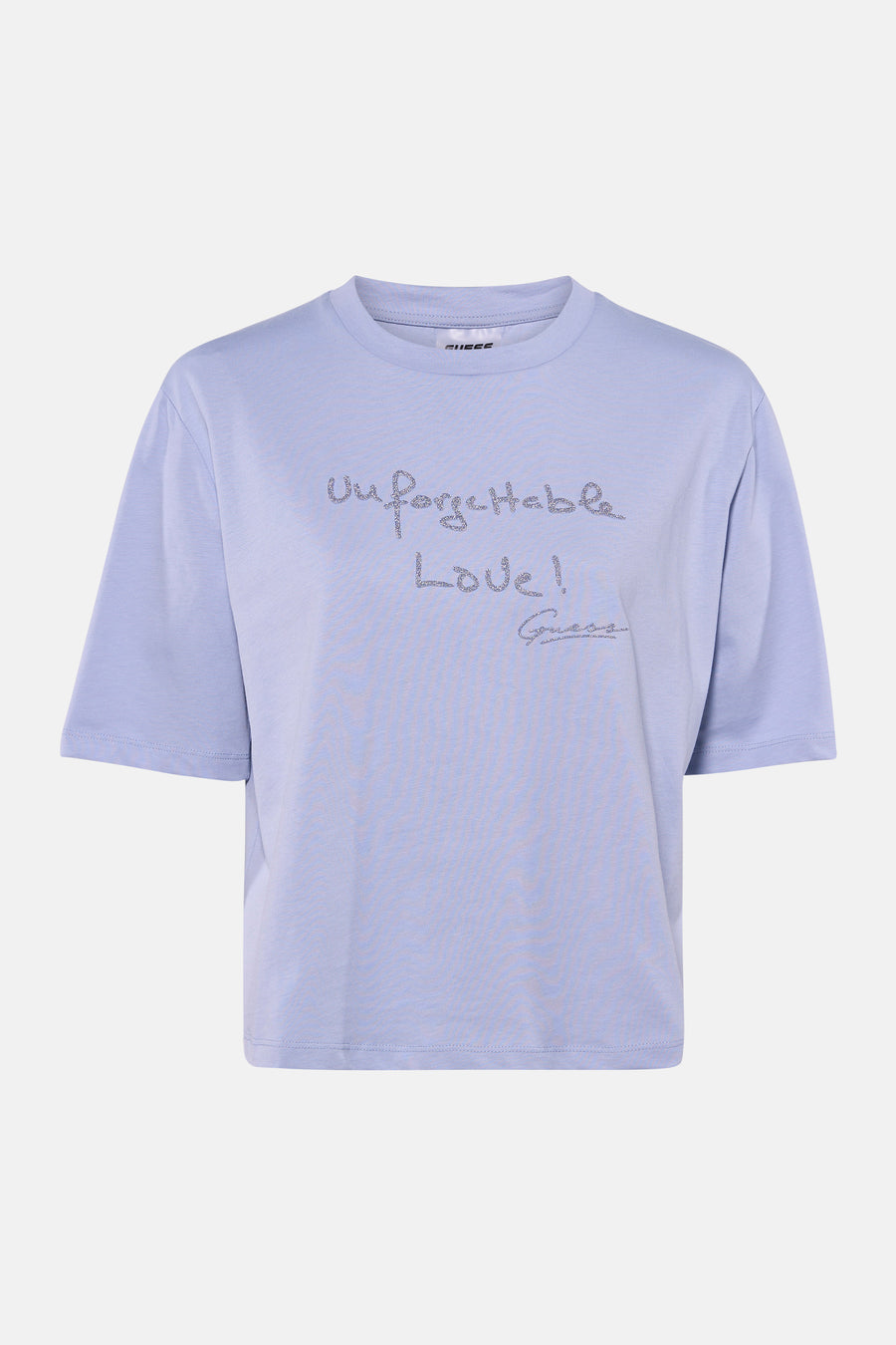 Blauw T-shirt met korte mouwen van Guess, effen, op een witte achtergrond.