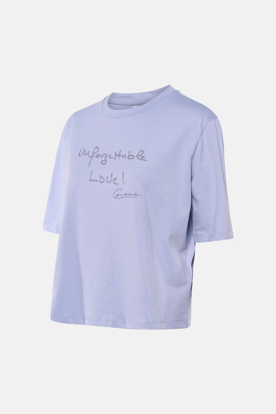 Blauw T-shirt met korte mouwen van Guess met glinsterende opschrift "Unforgettable Love!".