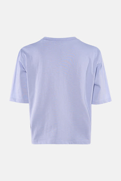 T-shirt bleu à manches courtes de Guess, uni, sur un fond blanc.