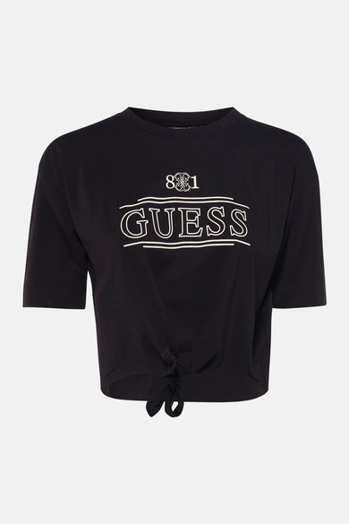Zwart T-shirt met korte mouwen van Guess, effen en casual, van achteren getoond.